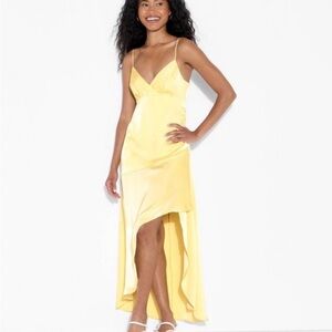 Sleeveless satin asymmetrical Maxi A-Line Dress Light Yellow